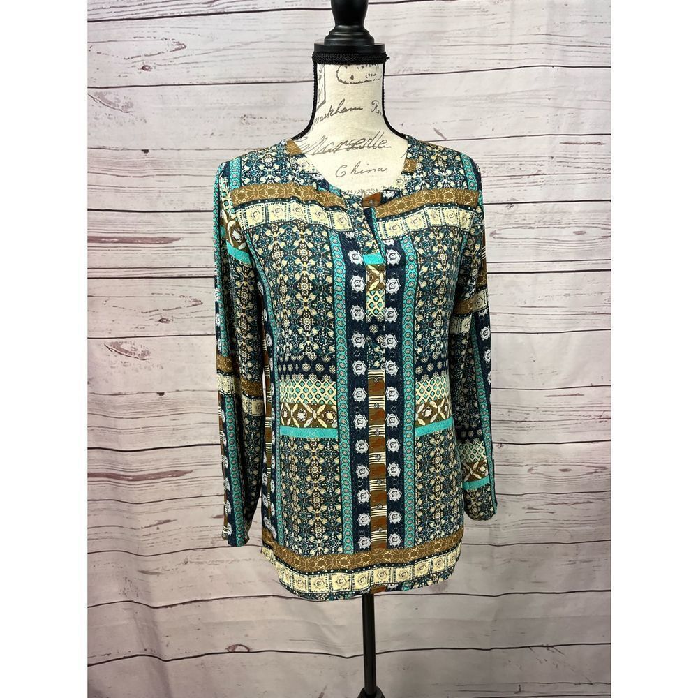Van Heusen Womens Teal Brown Patchwork Print Long Sleeve Split Neck Blouse‎ XS